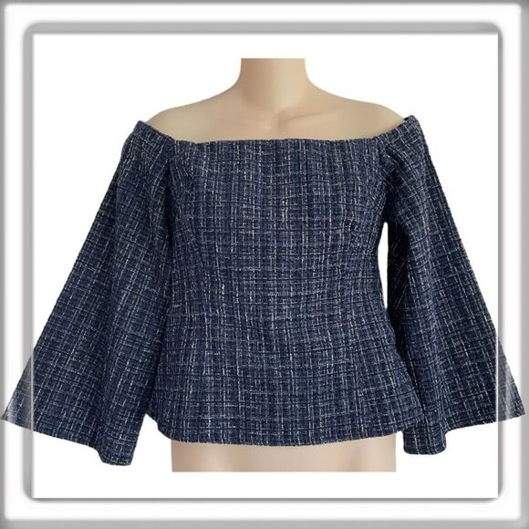 ZARA Navy Tweed Off Shoulder 3/4 Bell Sleeve Cropped Top Blouse Size Small NEW - Picture 1 of 10